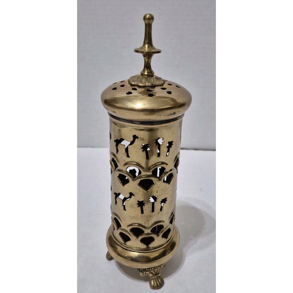 Vintage Brass Camel and Palm Tree Filigree Incense Burner Lidded Footed